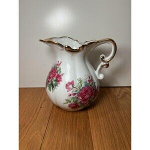Unmarked Porcelain Pitcher Vase White Rose Floral Gold Trim Victorian Decor